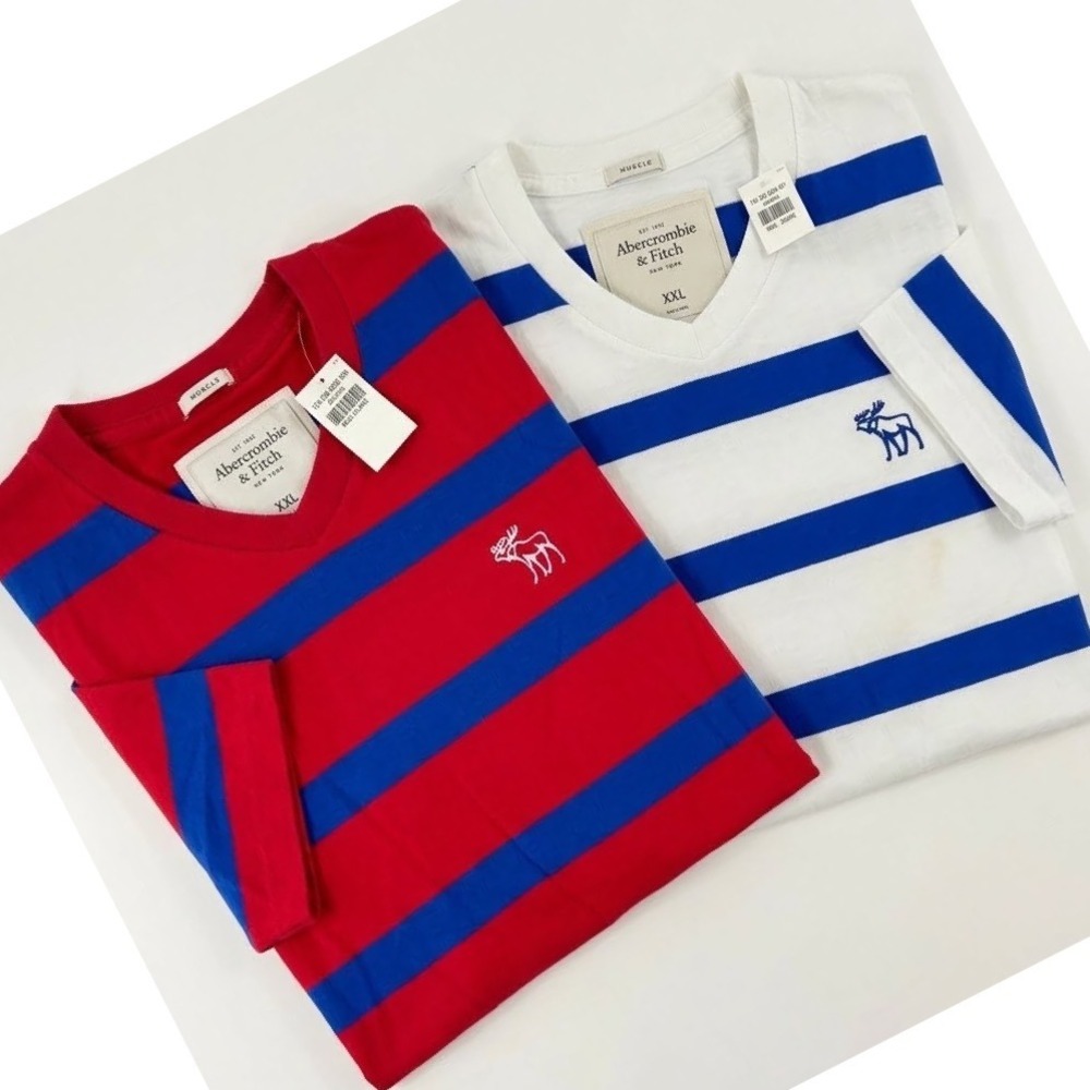 Abercrombie & Fitch Mens Muscle V-Neck T-Shirts Red Blue&Blue White Striped XXL